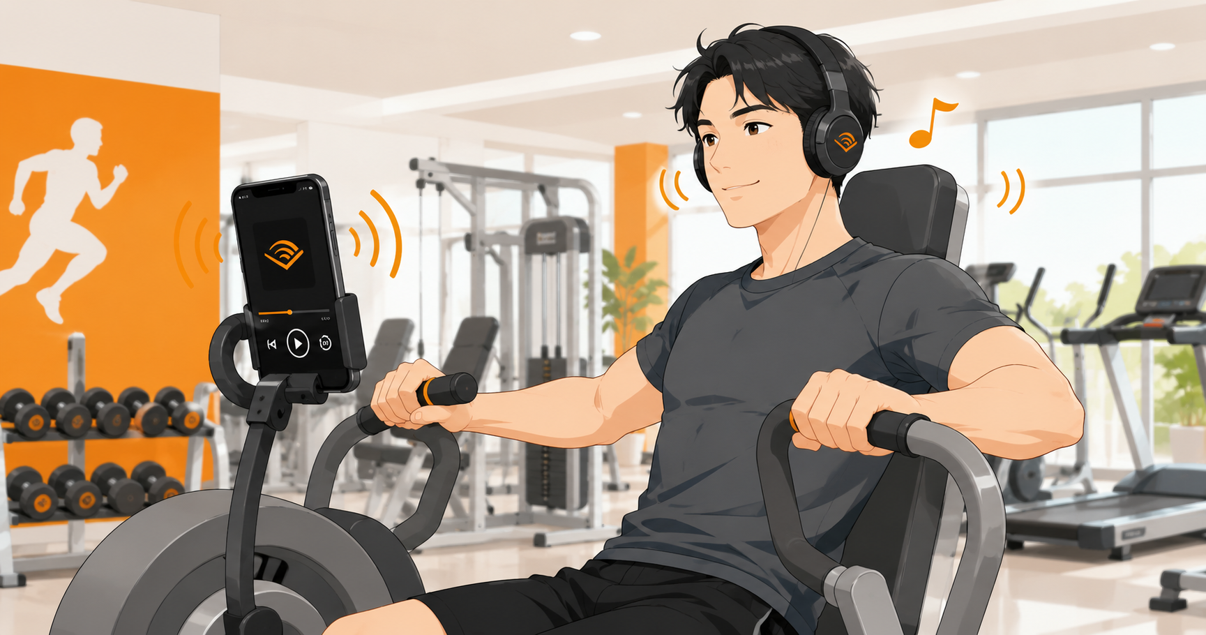 ジムでAudibleをながら聴きしている男性