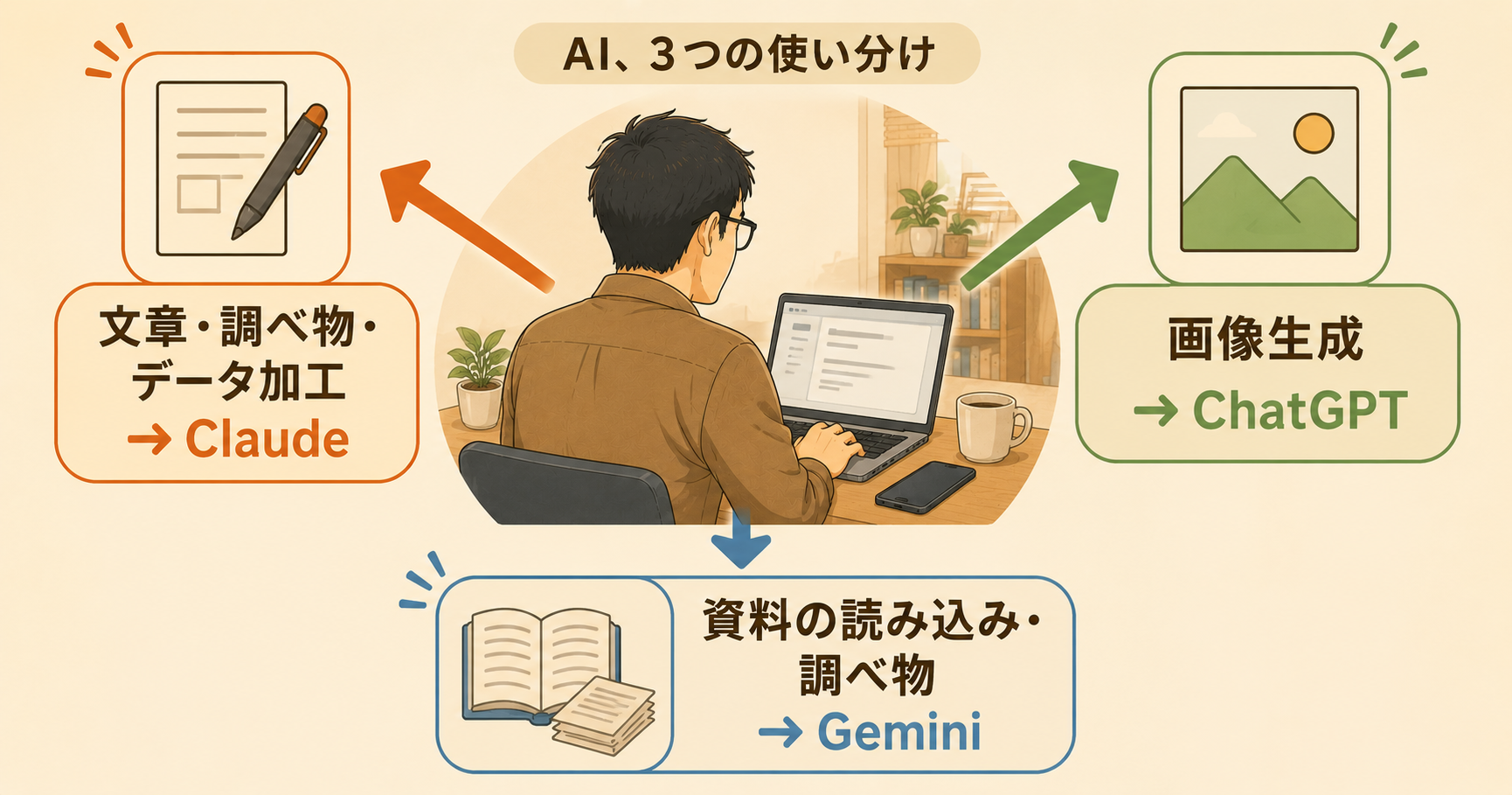 文章はClaude・画像はChatGPT・資料の読み込みはGeminiという3つのAIの使い分け図