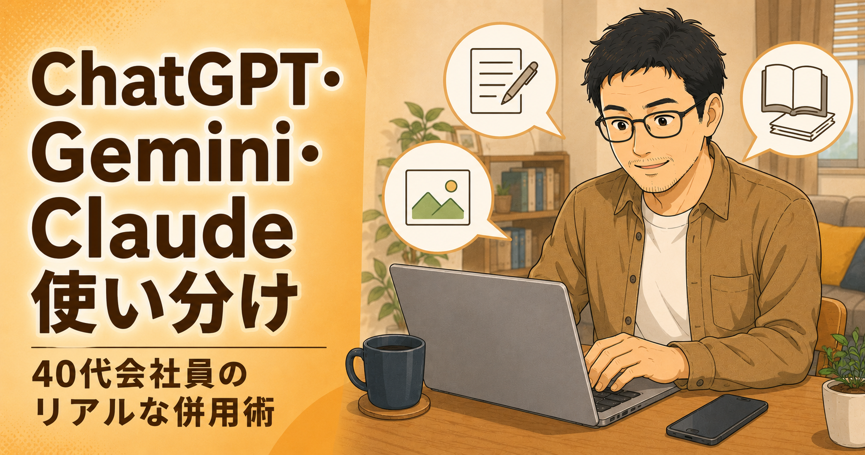 ChatGPT・Gemini・Claudeを使い分ける40代会社員のイメージ