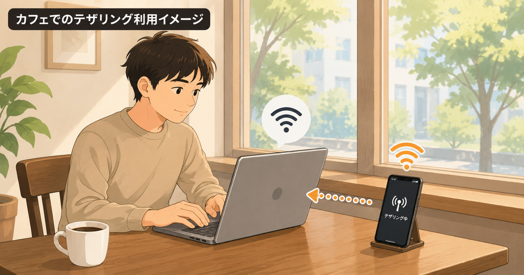 カフェでのテザリング利用イメージ