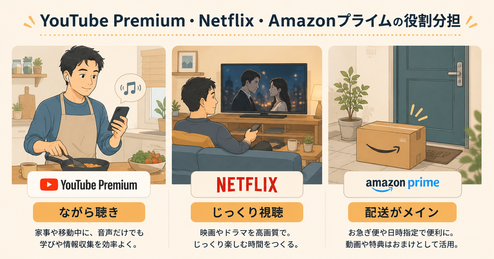 YouTube Premium・Netflix・Amazonプライムの役割分担