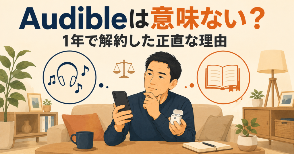 Audibleを1年使って月額を解約し単品購入に切り替えるか考える40代男性のイラスト