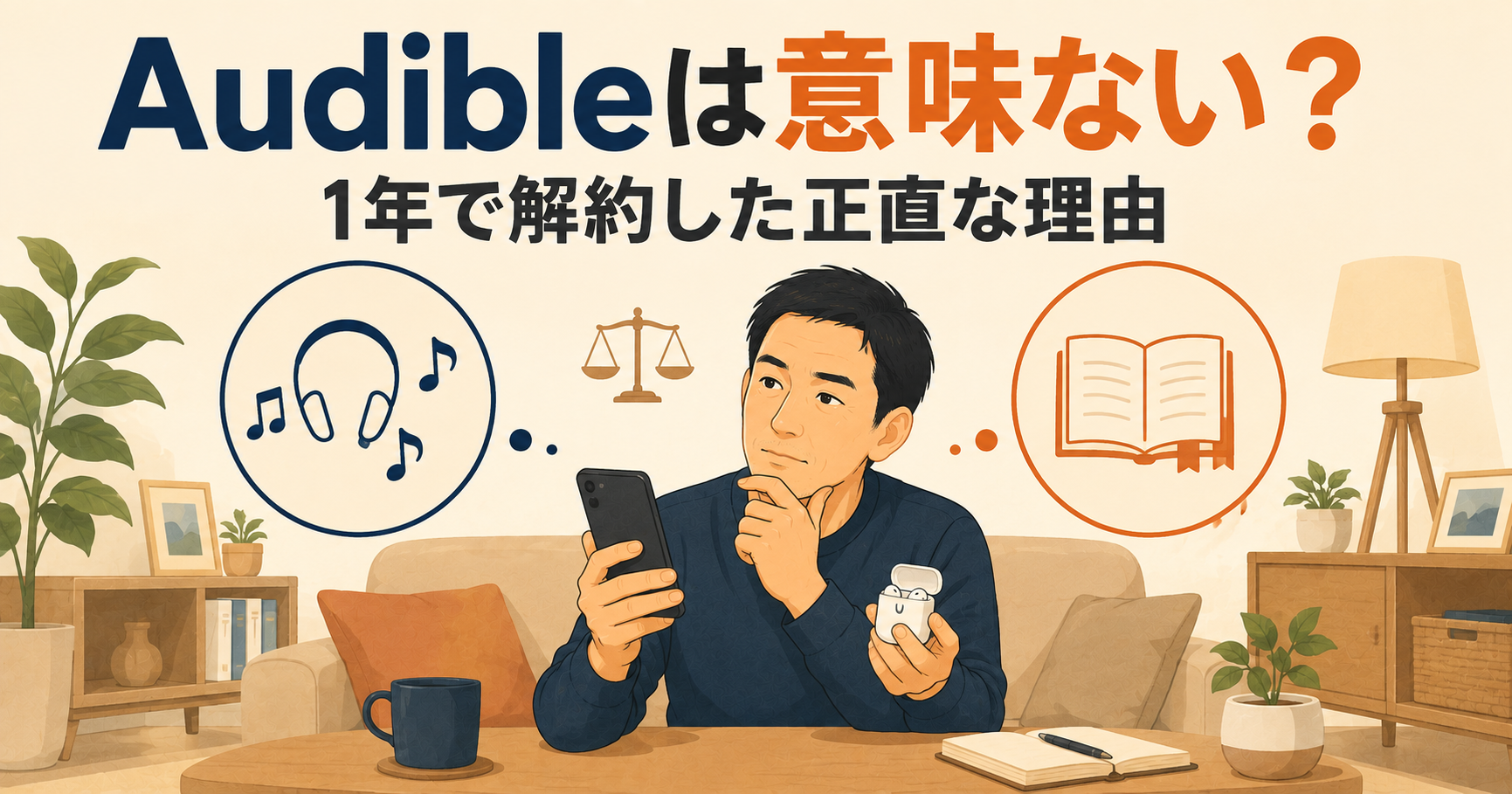 Audibleを1年使って月額を解約し単品購入に切り替えるか考える40代男性のイラスト