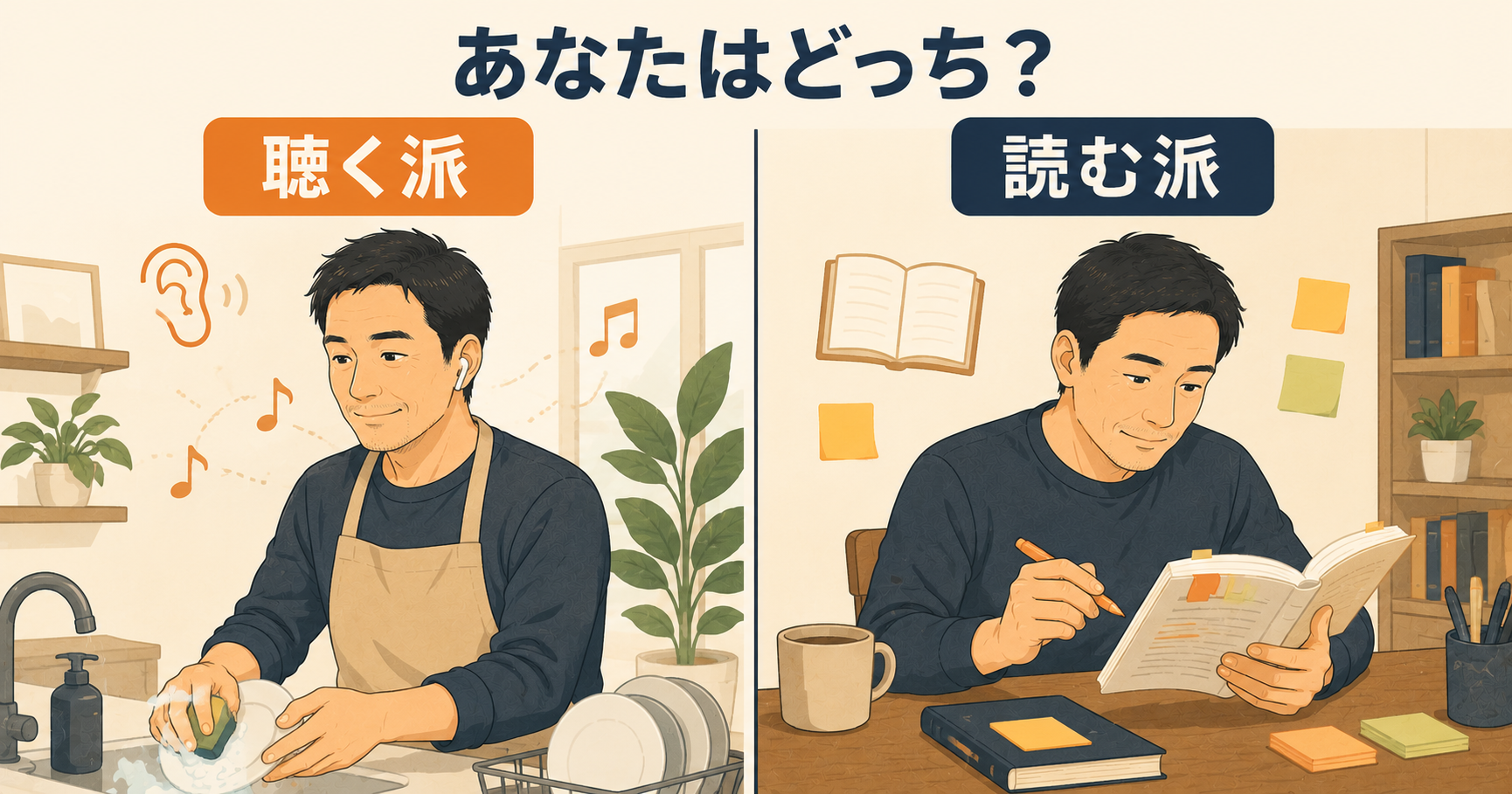 Audibleが向いている人と向かない人を比較したイラスト