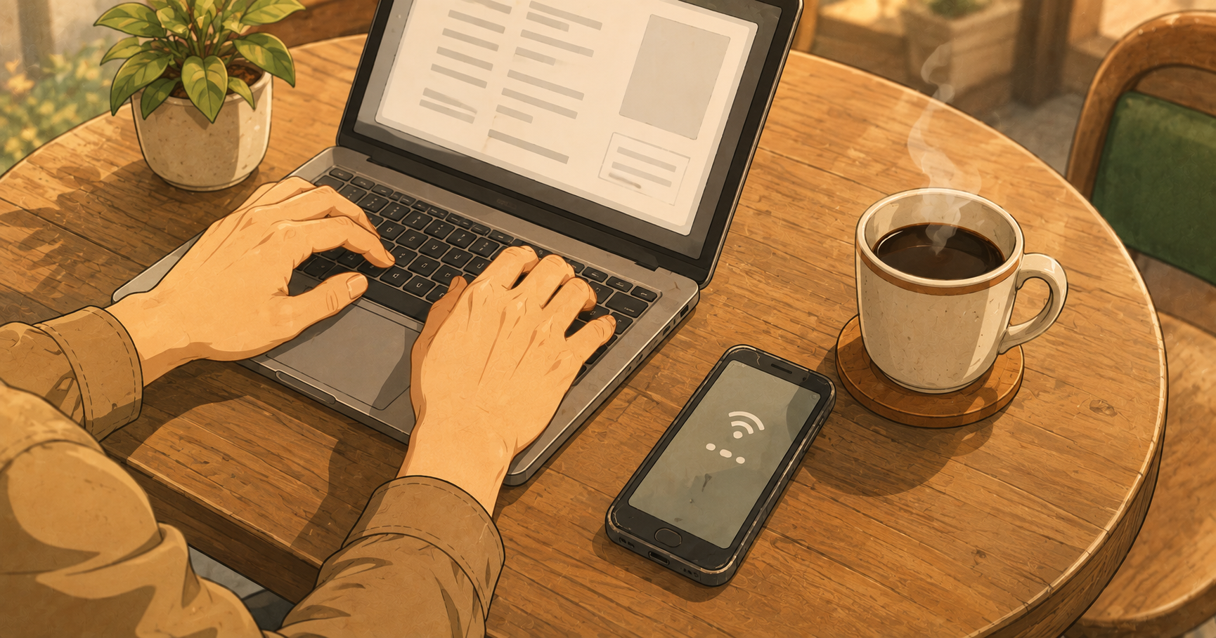 カフェでノートPCと古いスマートフォンでテザリングしている手元