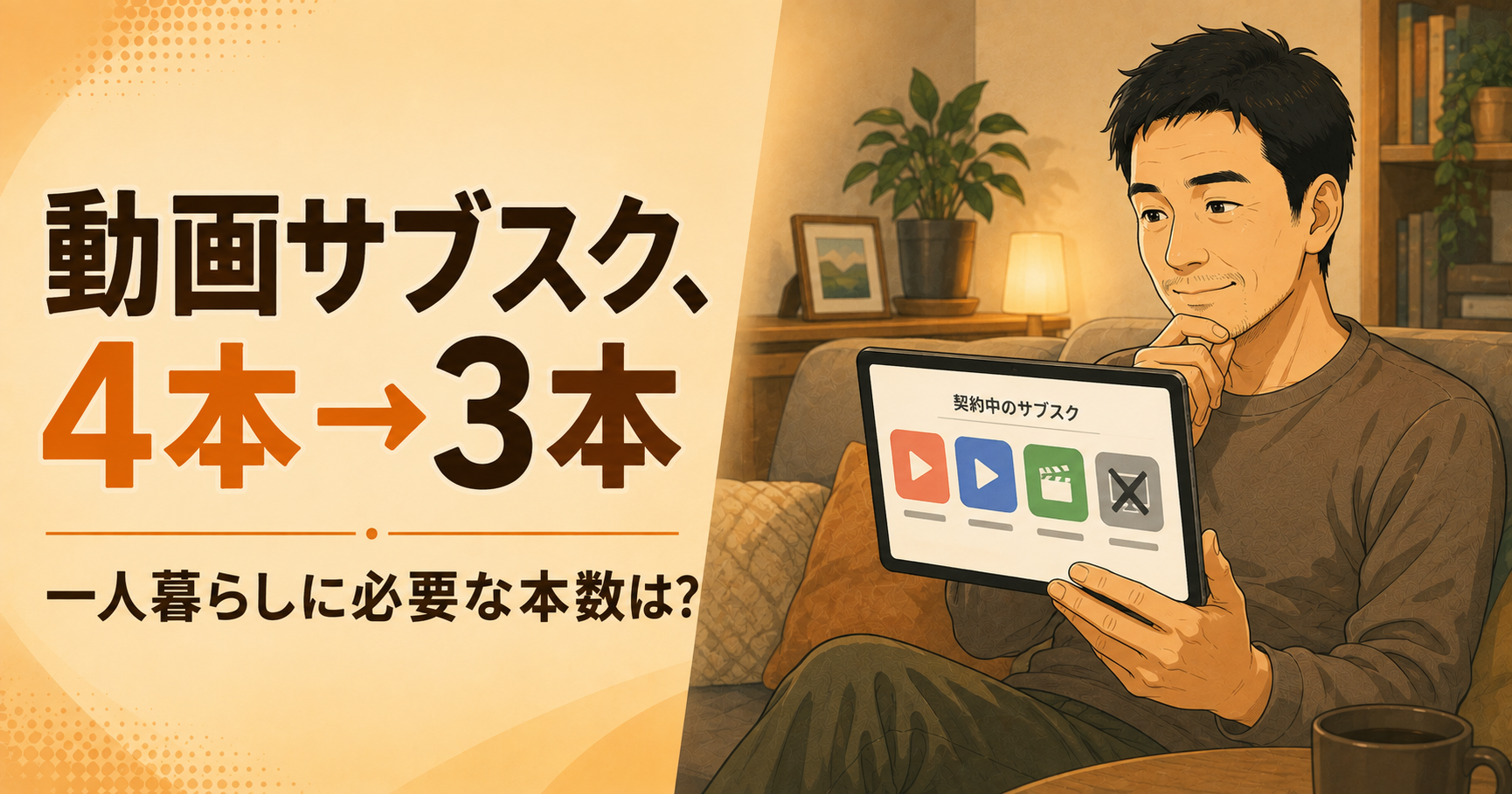 動画サブスクを見直す40代男性、4本から3本に整理するイメージ
