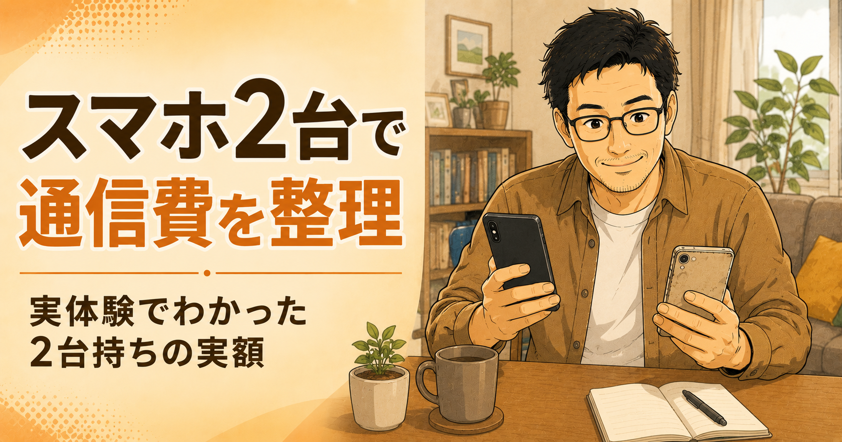 スマホ2台を持つ40代男性、通信費見直しのイメージ