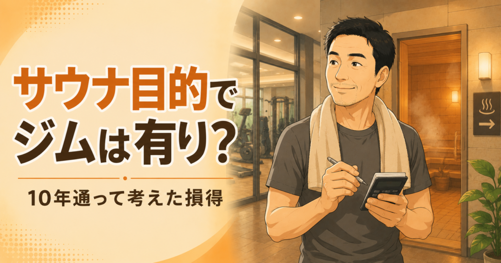 ジムのサウナエリアで計算をする40代男性のイメージ