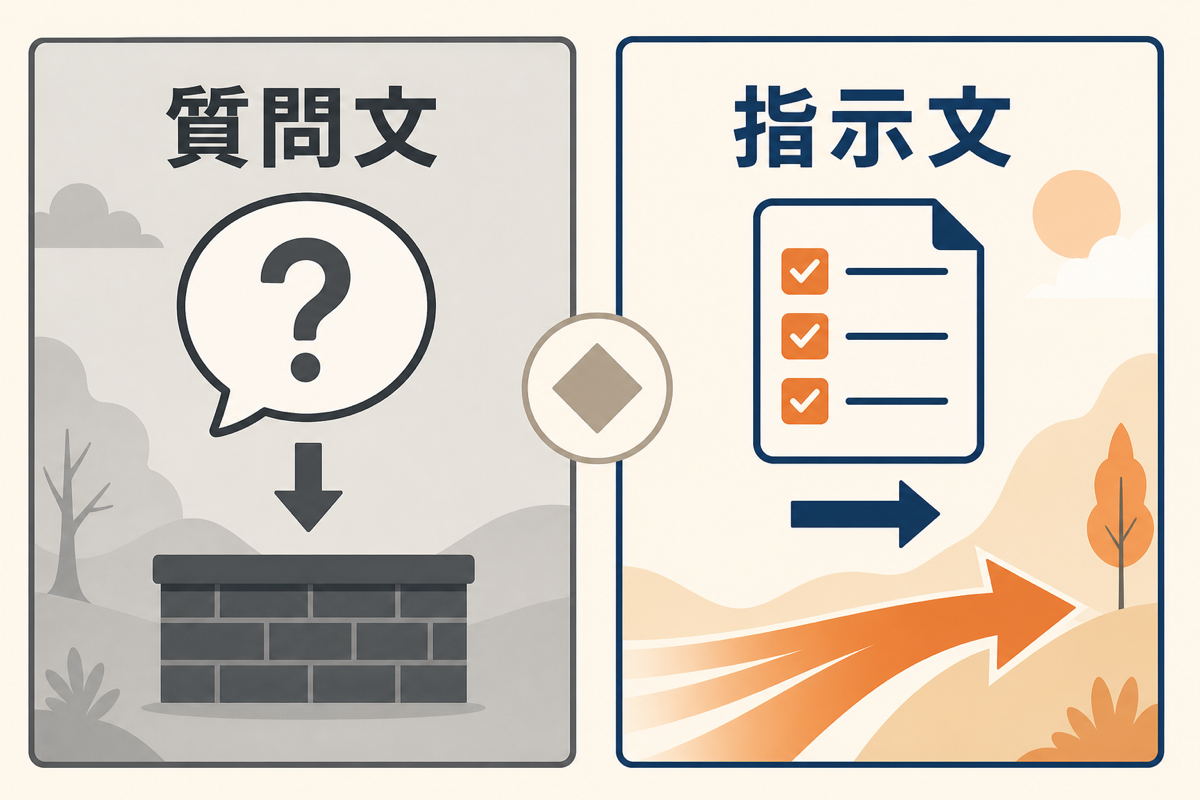 質問文と指示文の書き方の違いを左右で比べた比較図